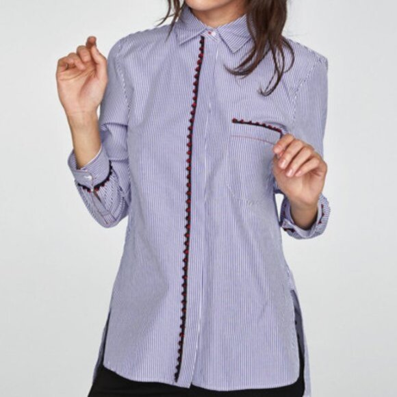 Zara Blue Stripe Shirt w/ Pom-Pom Embellishment - Size Medium - Picture 1 of 15